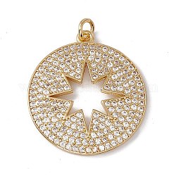 Brass Micro Pave Clear Cubic Zirconia Pendants, with Jump Ring, Cadmium Free & Nickel Free & Lead Free, Rack Plating, Flat Round with Star Pattern, Real 18K Gold Plated, 27.5x24.5x2.5mm, Hole: 3mm