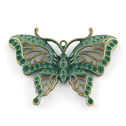 Impostazioni di strass pendenti a farfalla in lega di zinco,  cadmio& piombo libero, bronzo antico e patina verde, adatto per strass da 1.5~2.5 mm, 48x62x6mm, Foro: 2 mm