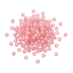 Perles en acrylique transparente, plat rond avec lettre blanche a ~ z, rose, 7x4mm, Trou: 1.5mm, environ 1000 pcs / sachet 