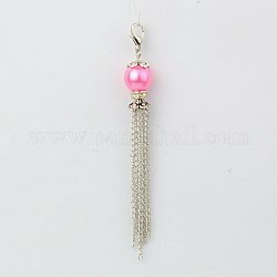 Glass Pearl Tassel Pendant Decorations, with Iron Chains, Brass Rhinestone Beads and Alloy Lobster Claw Clasps  , Hot Pink, 90~95mm