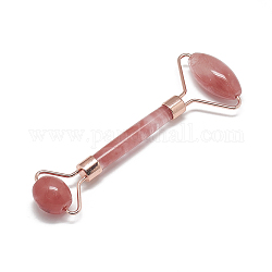 Herramientas de masaje de cristal de cuarzo cereza, rodillos faciales, con fornituras de latón, oro rosa, 13.5~15.3x4~6x2~2.05 cm
