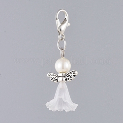 Acrylic Pendants, with Dyed Glass Pearl Beads, Zinc Alloy Lobster Claw Clasps and Alloy Beads, Angel, White, 40mm