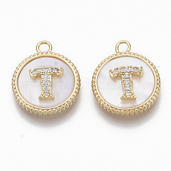 Brass Micro Pave Cubic Zirconia Pendants, with Shell, Flat Round with Letter, Nickel Free, Clear, Creamy White, Real 18K Gold Plated, Letter.T, 17x14x4mm, Hole: 1.8mm