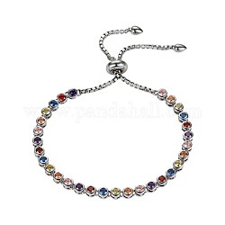 Bracelet coulissant plat rond en zircone cubique pour fille femme, 925 bracelet en argent sterling, colorées, platine