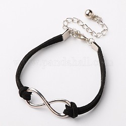 Faux Suede Cord Bracelets, with Tibetan Style Alloy Infinity Link, Alloy Lobster Claw Clasps and Iron Chains, Platinum and Antique Silver, Black, 170x6mm