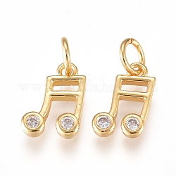 Charms in ottone, con zirconi cubici e anelli di salto, nota musicale, chiaro, oro, 8.5x5.5x1.5mm, foro: 2mm