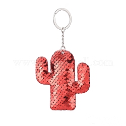 Schlüsselbund, mit Kunststoff-Pailletten Perlen, Eisen Schlüsselanhänger und Kette, Kaktus, Platin Farbe, rot, 128 mm, Anhänger: 84x74x11~12 mm