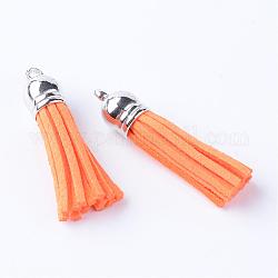 Décorations de pendentif pompon en daim, avec embouts de cordon en plastique ccb, platine, orange foncé, 35~37x10mm, Trou: 1.8mm