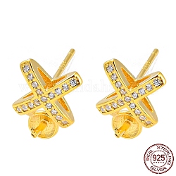 Cross 925 Sterling Silver Micro Pave Clear Cubic Zirconia Stud Earring Findings, Earring Settings for Half Drilled Beads, with S925 Stamp, Real 18K Gold Plated, 11x7.5mm, Pin: 10.5x0.7mm and 0.8mm