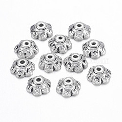 Tibetan Style Alloy Bead Caps, Lead Free and Cadmium Free, Flower, Antique Silver, about 7mm in diameter, 3mm thick, hole: 1.5mm, Inner Diameter: 3mm