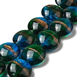 Handgemachte Glasperlen Goldsand-Stränge, Flachrund, Verdeck blau, 21x11 mm, Bohrung: 1.2 mm, ca. 18 Stk. / Strang, 13.98 Zoll (35.5 cm)