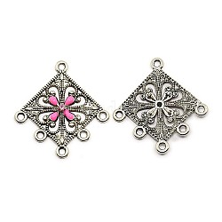 Filigree Antique Silver Tone Rhombus Alloy Enamel Chandelier Components, with Rhinestone, Orchid, 35x33x2.5mm, Hole: 1.5mm