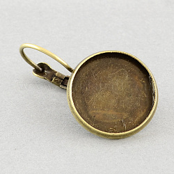 Brass Leverback Earring Findings, with Flat Round Tray, Antique Bronze, Tray: 10mm, 24x12mm, pin: 0.7mm