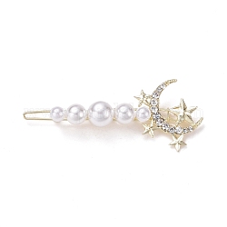 Legierung Kristall Strass Haarspangen, mit Kunststoff-Perlen, Mond mit Stern, Licht Gold, 67x27x12 mm