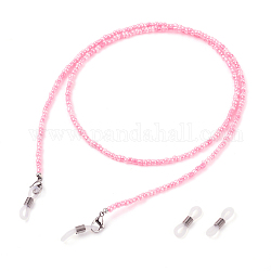 Eyeglasses Chains, Neck Strap for Eyeglasses, with Ceylon Glass Seed Beads, 304 Stainless Steel Lobster Claw Clasps, Brass Beads and Rubber Loop Ends, Pink, 27.55 inch(70cm)