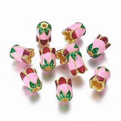 Alloy Bead Caps, with Enamel, 5-Petal, Light Gold, Pink, 11x8mm, Hole: 2mm