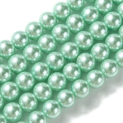 Brins de perles rondes en verre teinté écologique, cordon en coton fileté, cyan clair, 8mm, Trou: 0.7~1.1mm, Environ 52 pcs/chapelet, 15 pouce