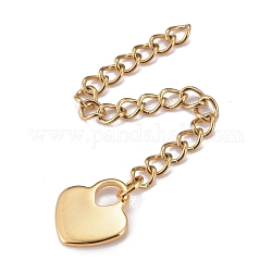 304 Stainless Steel Chain Extender, Curb Chain, with 202 Stainless Steel Charms, Heart, Golden, 59~65mm, Link: 3.7x3x0.5mm, Heart: 9.8x11x1mm