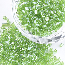 Grade une perles de rocaille en verre, hexagone (deux coupes), couleurs transparentes lustered, lime green, 1.5~2.5x1.5~2mm, Trou: 0.8mm, environ 2100 pcs / sachet , 450 g / sac
