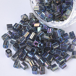 6/0 Perlas de semillas de vidrio, colores transparentes arco iris, agujero cuadrado, cubo, acero azul, 6/0, 3~5x3~4x3~4mm, agujero: 1.2~1.4 mm, aproximamente 4500 unidades / bolsa