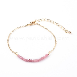 April Birthstone Natural Tourmaline Beaded Bracelets, with Brass Cable Chains, Faceted Round, Golden, 7-1/4 inch(18.5cm)