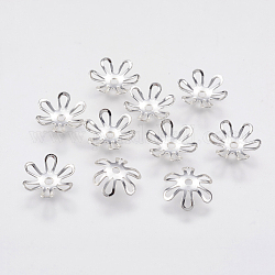 6-Petal Brass Bead Caps, Long-Lasting Plated, Flower, Real Platinum Plated, 10x2mm, Hole: 1mm