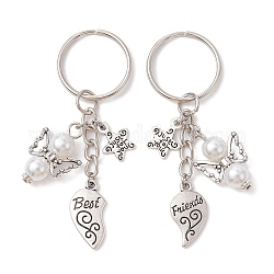 2 llavero de aleación de corazón de 2 estilos., con cuentas de perlas de vidrio y llaveros partidos de hierro, ángel, blanco, 7.5 cm, 1pc / estilo