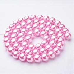 32inch Glass Pearl Beads Strands, Pearlized, Round, Pink, about 14mm diameter, hole: 1mm, about 62 pcs/strand