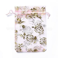 Pochettes à bijoux en organza avec cordon de serrage, sacs-cadeaux de fête de mariage, rectangle avec motif rose estampé or, rose, 15x10x0.11 cm