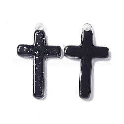 Pendentifs acryliques opaques, avec des paillettes, breloque croix, noir, 32x18.5x3mm, Trou: 2mm