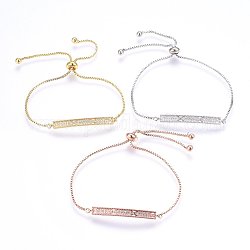 Adjustable Brass Micro Pave Cubic Zirconia Bolo Bracelets, Slider Bracelets, Bar, Clear, Mixed Color, 11 inch(28cm), 1.2mm