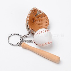 模造革キーホルダー  木と鉄のキーリング付き  野球のバット＆野球グローブ＆野球  スポーツのテーマ  砂茶色  110mm