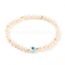 Bracelets de perles naturelles de perles, avec des perles en laiton, perles de coquillage blanc naturel et turquoise synthétique, mauvais œil, couleur de coquillage, diamètre intérieur: 2-1/2 pouce (6.5 cm)