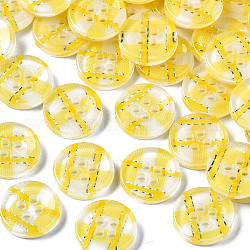 Boutons en résine, 4-trou, Plat rond avec motif tartan, jaune, 13x2.5mm, Trou: 1.6mm, environ 1000 pcs / sachet 