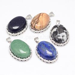 Ciondoli in pietra misti naturali e sintetici, con accessori di ottone, ovale, platino, 30x21x10~11mm, Foro: 6x4 mm
