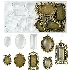 Vintage DIY Blank Pendant Making Kit, Including Tibetan Style Alloy Pendant Cabochon Bezel Settings, Glass Cabochons, Rectangle & Oval, Antique Bronze, 30Pcs/box