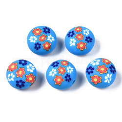 Manuell Polymer Ton Perlen, für DIY Schmuck Bastelbedarf, flach rund mit Blume, Deep-Sky-blau, 12x8.5 mm, Bohrung: 1.6 mm