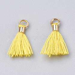 Décorations pendentif pompon en polycoton (coton polyester), mini pompon, avec les accessoires en laiton, or clair, jaune, 10~15x3~4mm, Trou: 2mm