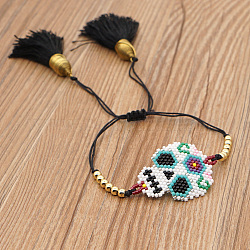 Bracelet en perles de verre tressées avec double pompon, Bracelet d'amitié tête de mort pour femme, noir, 11 pouce (28 cm)