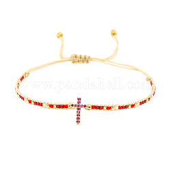 Bracelets réglables de perles tressées avec cordon en nylon, avec des perles en verre de graine, croix, rouge, 11 pouce (28 cm)