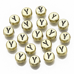 Plating Acrylic Beads, Horizontal Hole, Flat Round with Letter, Golden Plated, Black, Letter.Y, 7x4mm, Hole: 1.2mm.