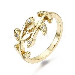 Brass Micro Pave Clear Cubic Zirconia Cuff Rings, Open Rings, Nickel Free, Leafy Branches, Real 16K Gold Plated, Inner Diameter: 17mm