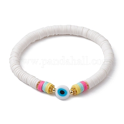 Bracelet extensible surfeur heishi en pâte polymère, mal bracelet lampwork d'oeil, blanc, diamètre intérieur: 2-1/4 pouce (5.6 cm)