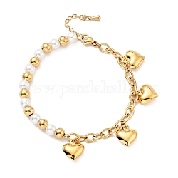 Bracelet de breloque de coeur 201 en acier inoxydable, bracelet en perles de plastique avec placage sous vide 304 chaînes de câbles en acier inoxydable pour femmes, or, 7-1/2 pouce (19 cm)