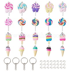 DIY Keychain Kits, with Handmade Polymer Clay Pendants, with Iron Screw Eye Pin Peg Bails, with Iron Jump Rings and Iron Split Key Rings, Ice Cream & Lollipop & Ice-Lolly, Mixed Color, 48~56x27~29x7~10mm, Hole: 2mm