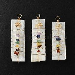 Chakra Jewelry, Natural Selenite Home Decorations, with Brass Wire Wrapped and Natural Gemstone Chip Beads, Rectangle, 45~60x17~20x4~7mm