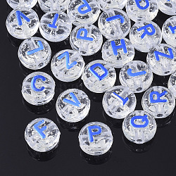 Perles acryliques transparentes, avec de la poudre de paillettes, métal enlacée, trou horizontal, plat rond avec la lettre, bleu, 10x6mm, Trou: 1.8mm