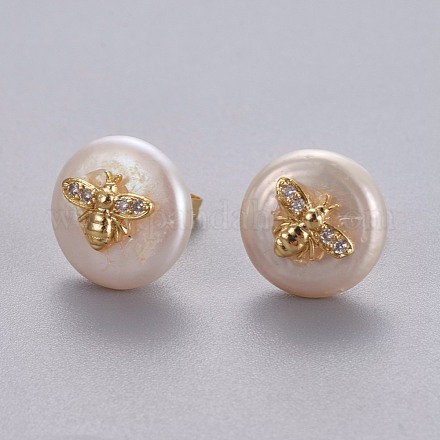 Natural Pearl Stud Earrings EJEW-L231-20G-1