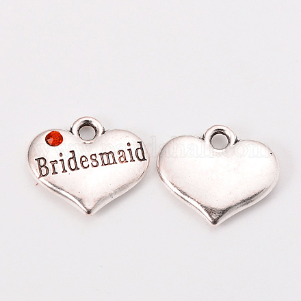 Wedding Theme Antique Silver Tone Tibetan Style Heart with Bridesmaid Rhinestone Charms TIBEP-N005-04B-1