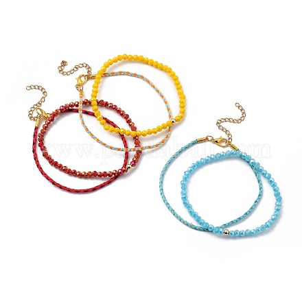 Glass Stretch Beaded Bracelets & Cotton Braided Cord Bracelet Sets BJEW-JB05401-1